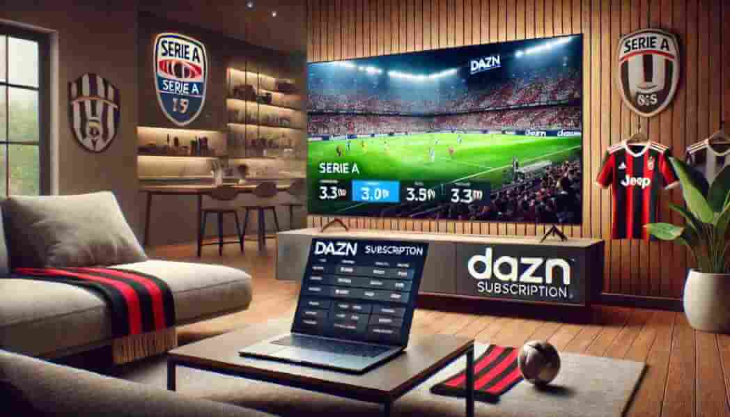 Abbonamento DAZN Serie A in una moderna sala con TV che mostra una partita di calcio